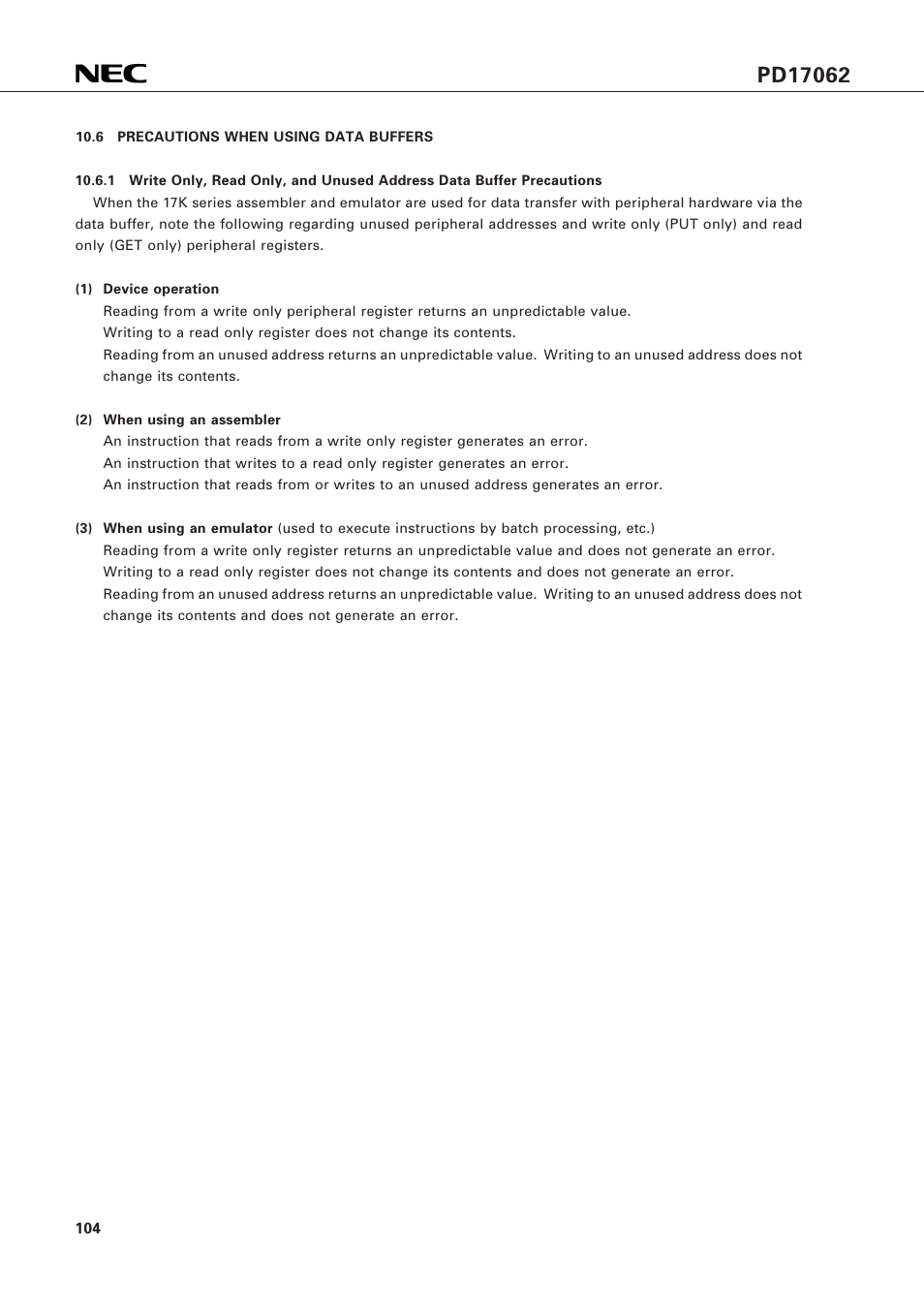 6 precautions when using data buffers | NEC PD17062 User Manual | Page 104 / 296