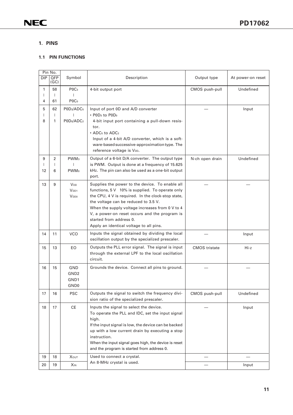 Pins, 1 pin functions | NEC PD17062 User Manual | Page 11 / 296
