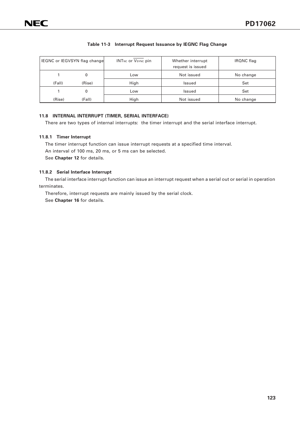 8 internal interrupt (timer, serial interface) | NEC PD17062 User Manual | Page 123 / 296