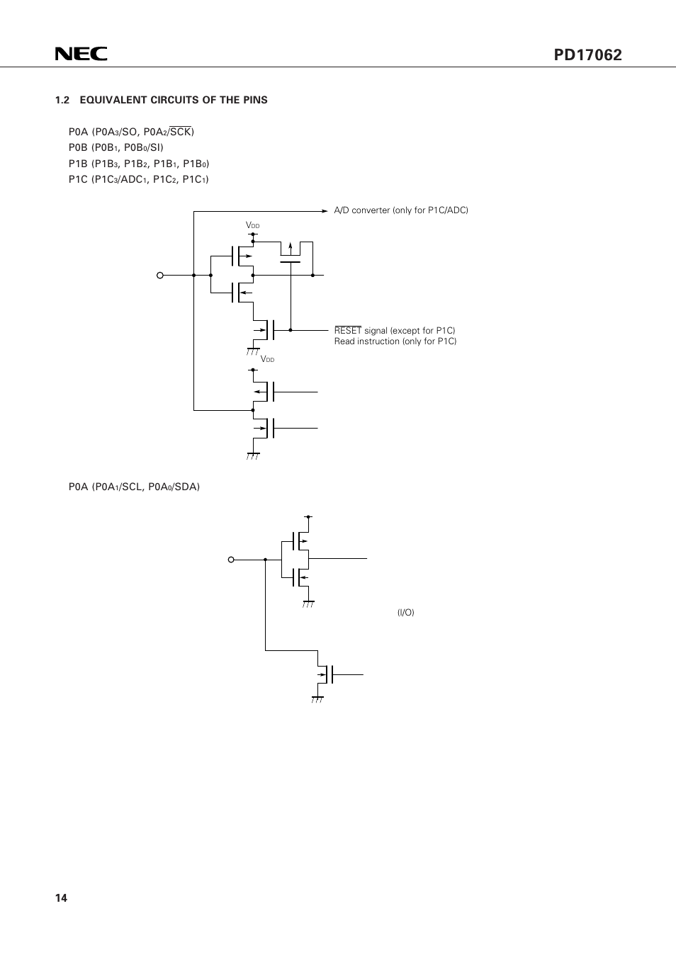 2 equivalent circuits of the pins | NEC PD17062 User Manual | Page 14 / 296