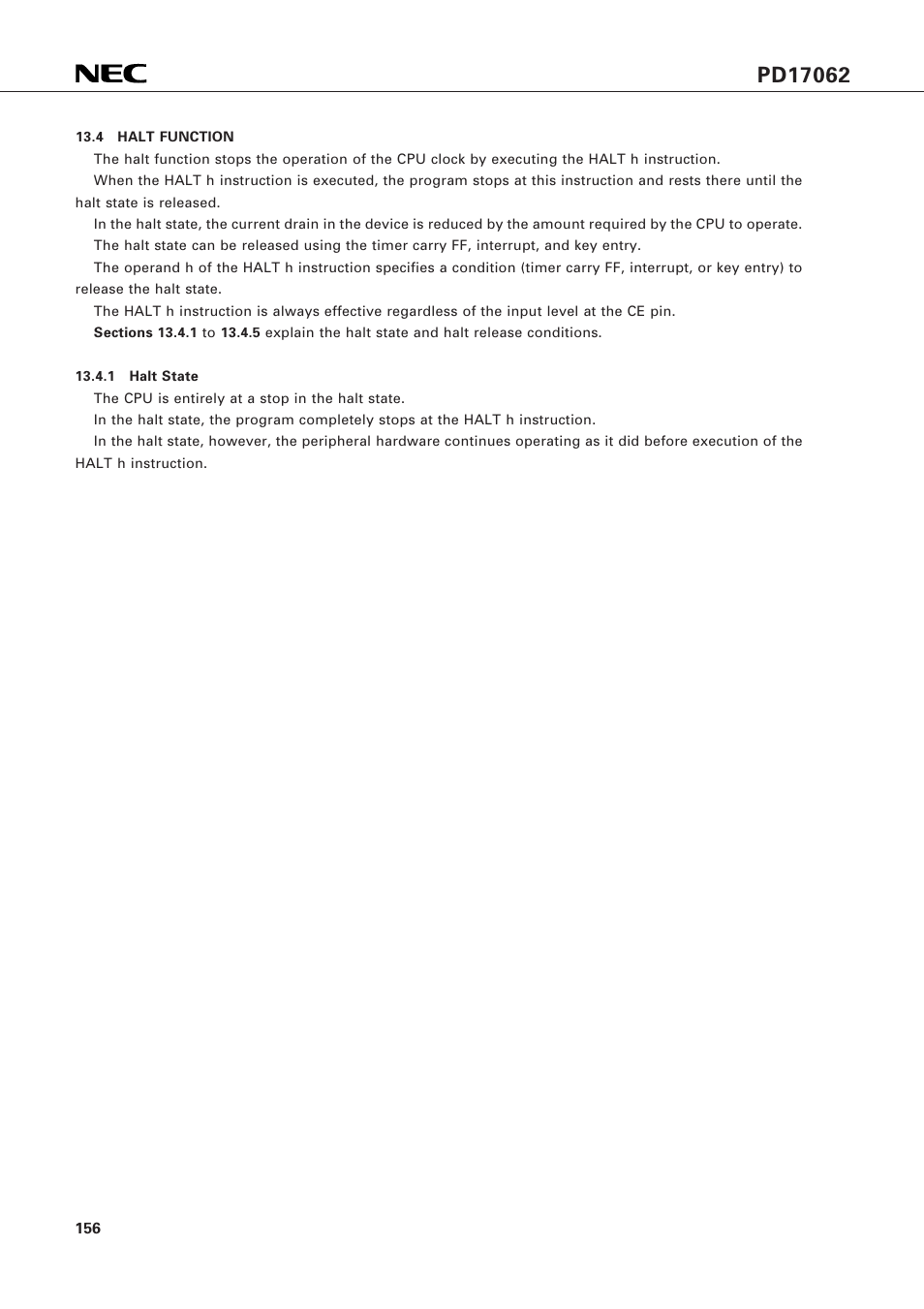 4 halt function | NEC PD17062 User Manual | Page 156 / 296