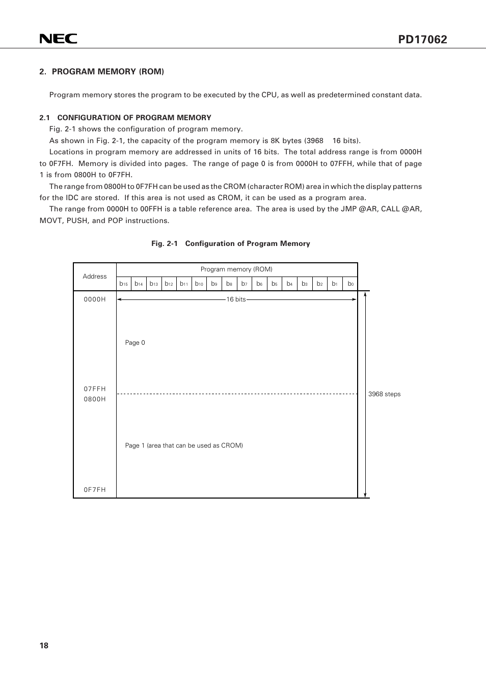 Program memory (rom), 1 configuration of program memory | NEC PD17062 User Manual | Page 18 / 296