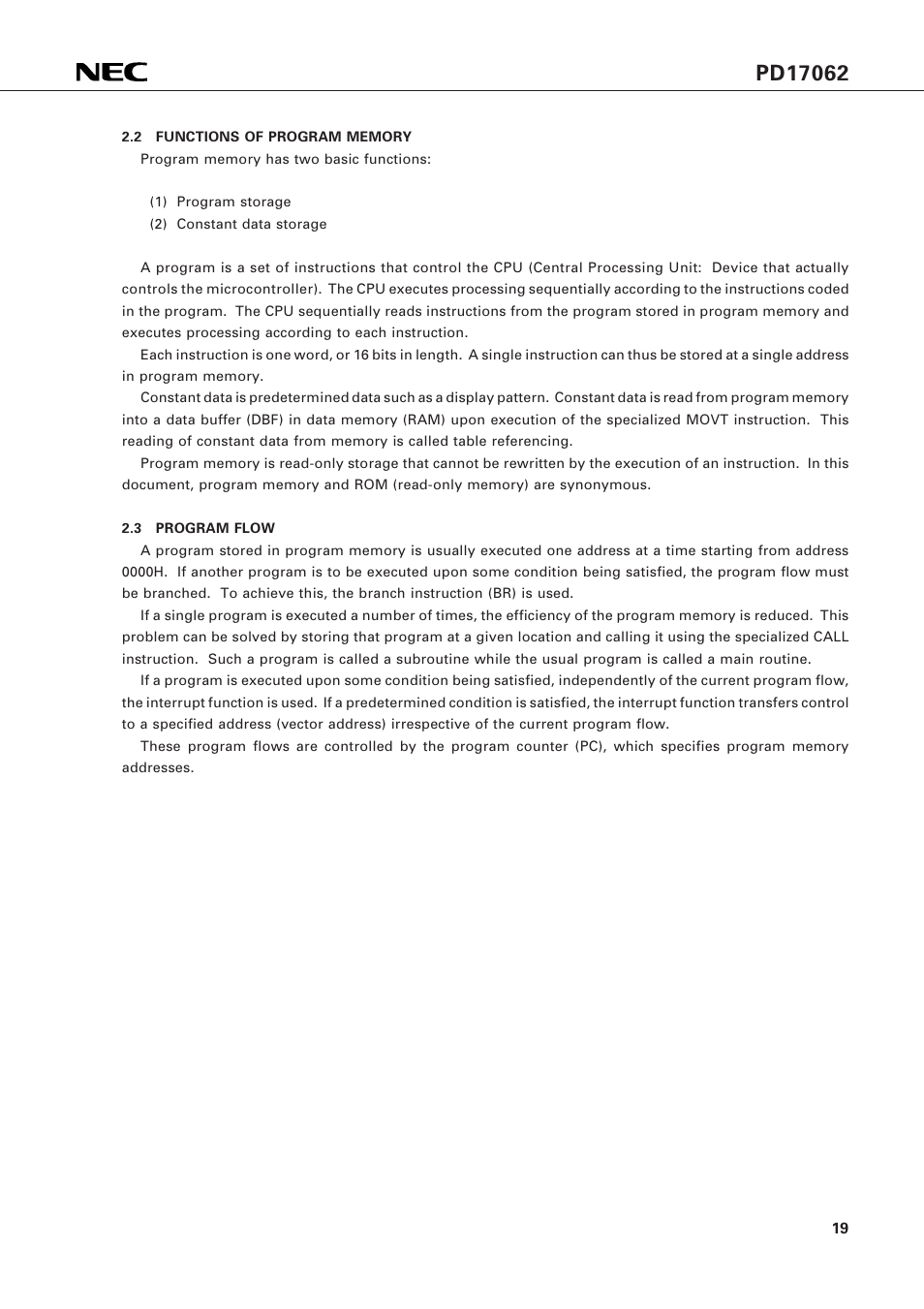 2 functions of program memory, 3 program flow | NEC PD17062 User Manual | Page 19 / 296