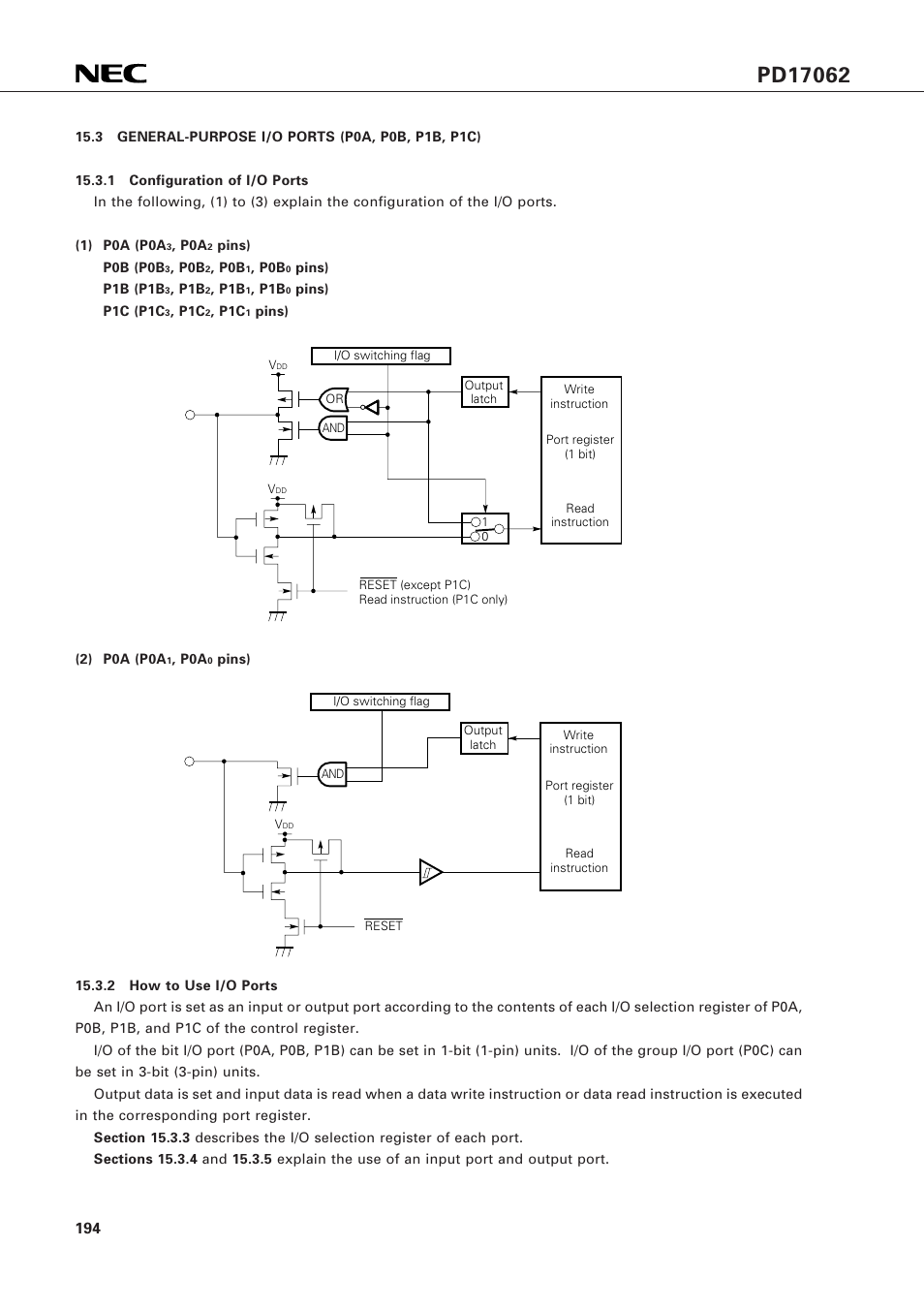 3 general-purpose i/o ports (p0a, p0b, p1b, p1c) | NEC PD17062 User Manual | Page 194 / 296