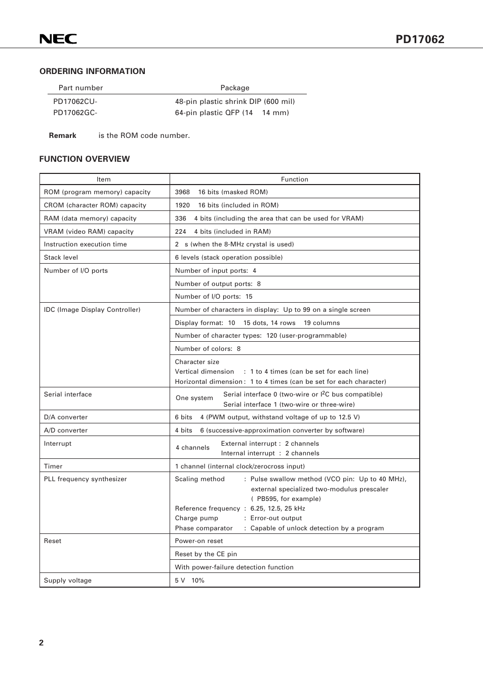 Ordering information, Function overview | NEC PD17062 User Manual | Page 2 / 296