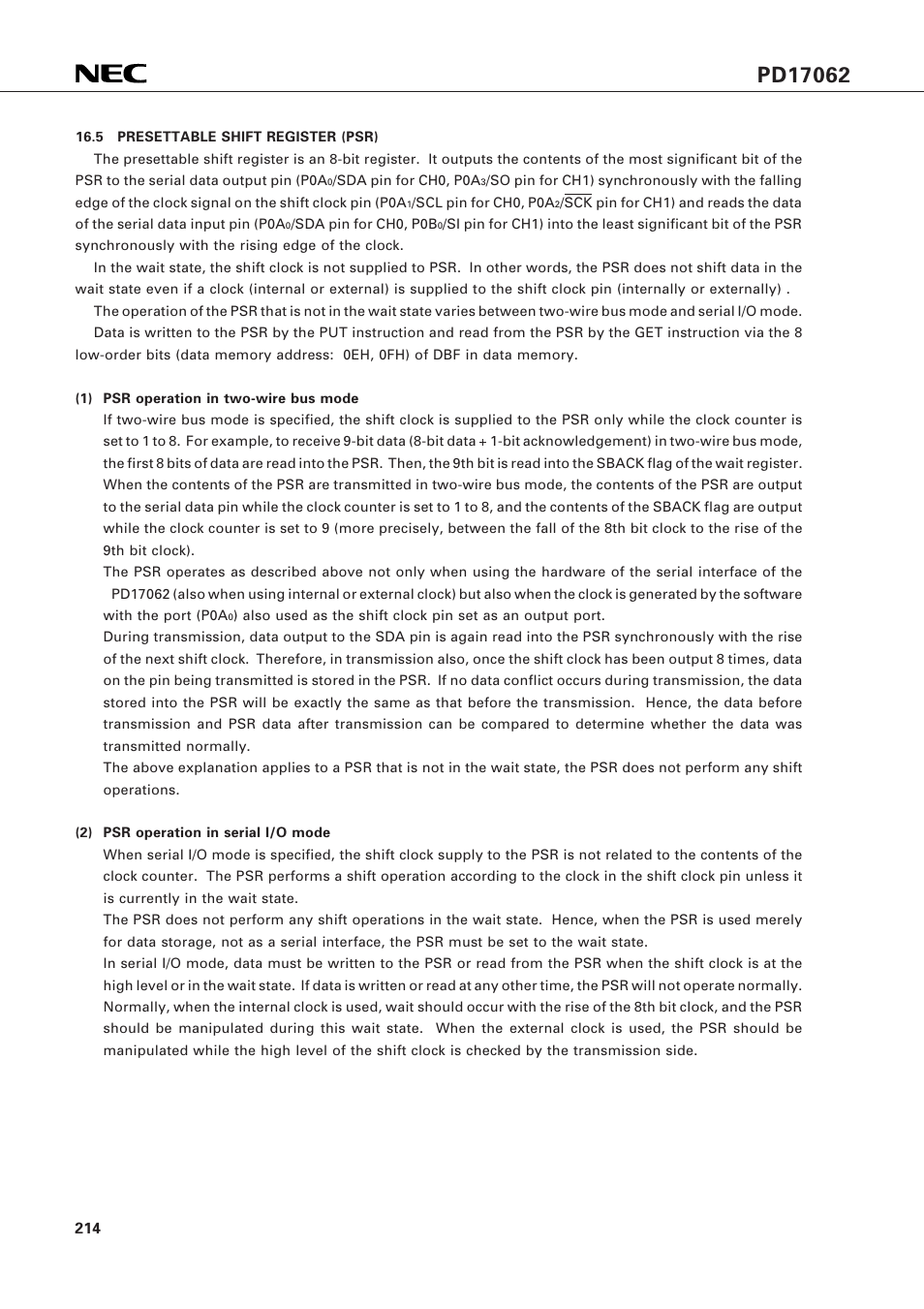 5 presettable shift register (psr) | NEC PD17062 User Manual | Page 214 / 296