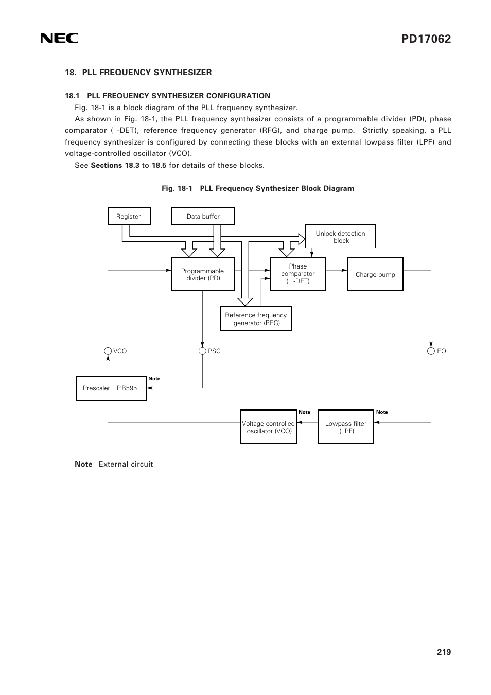 Pll frequency synthesizer, 1 pll frequency synthesizer configuration | NEC PD17062 User Manual | Page 219 / 296