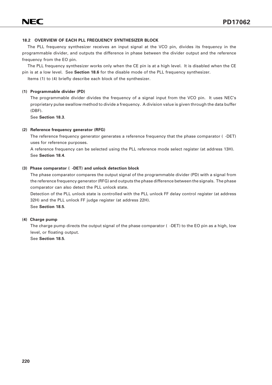 2 overview of each pll frequency synthesizer block | NEC PD17062 User Manual | Page 220 / 296