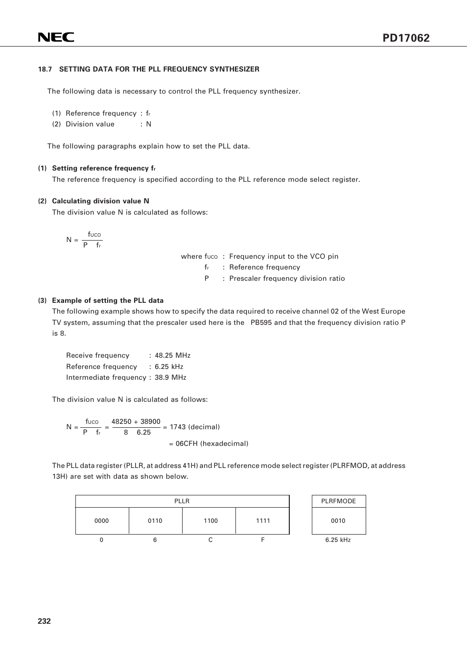 7 setting data for the pll frequency synthesizer | NEC PD17062 User Manual | Page 232 / 296