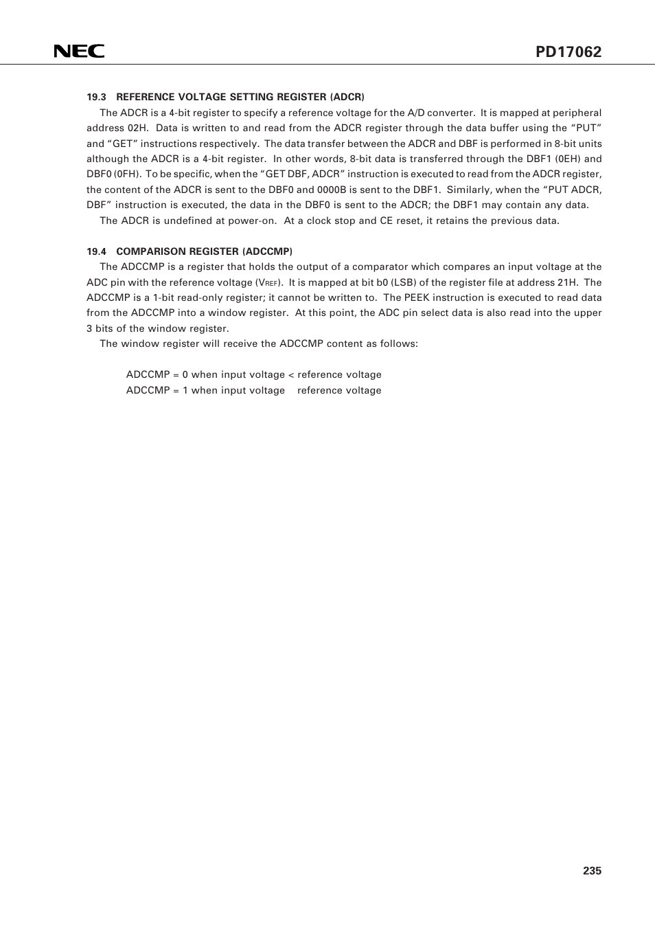 3 reference voltage setting register (adcr), 4 comparison register (adccmp) | NEC PD17062 User Manual | Page 235 / 296