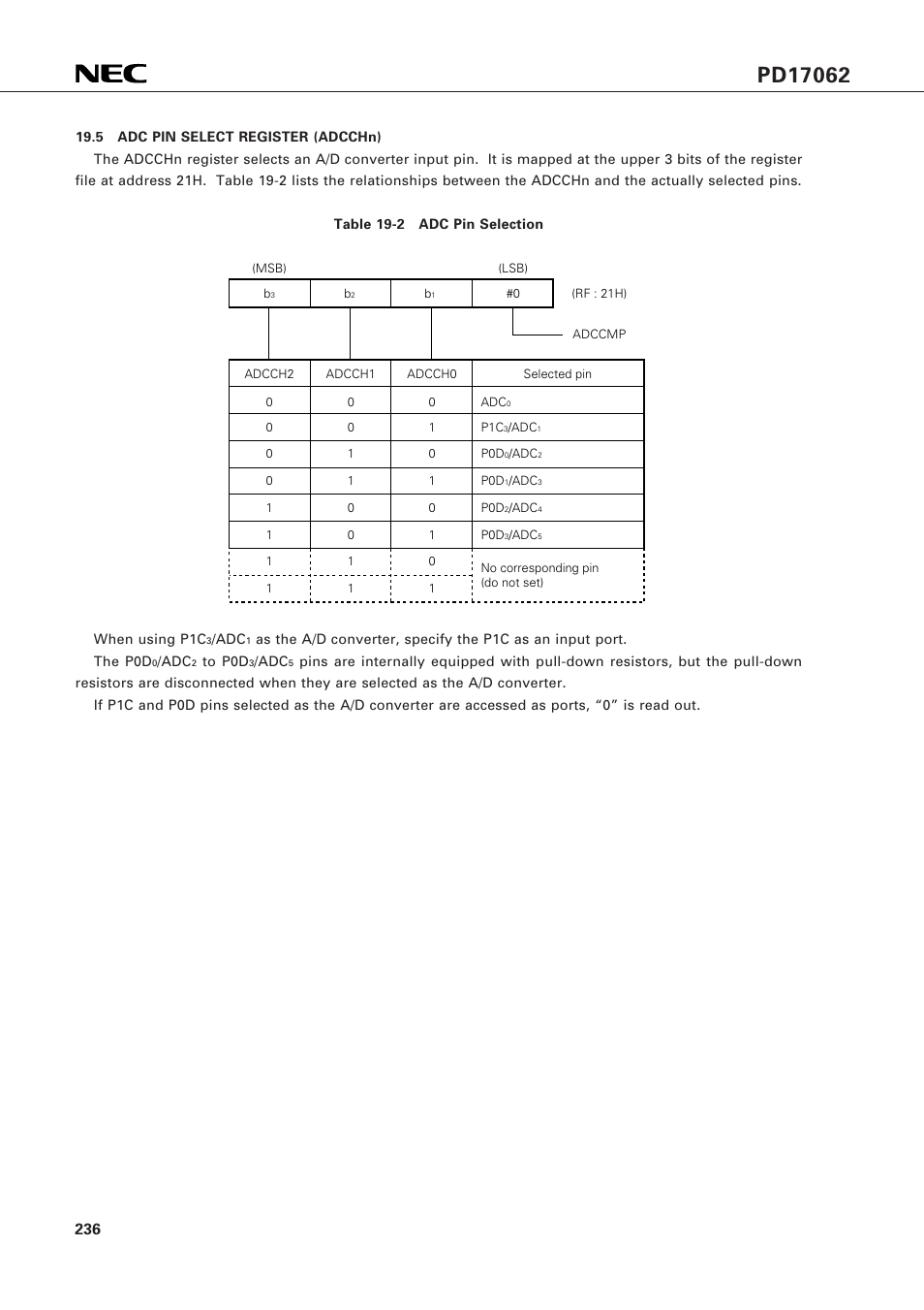 5 adc pin select register (adcchn) | NEC PD17062 User Manual | Page 236 / 296