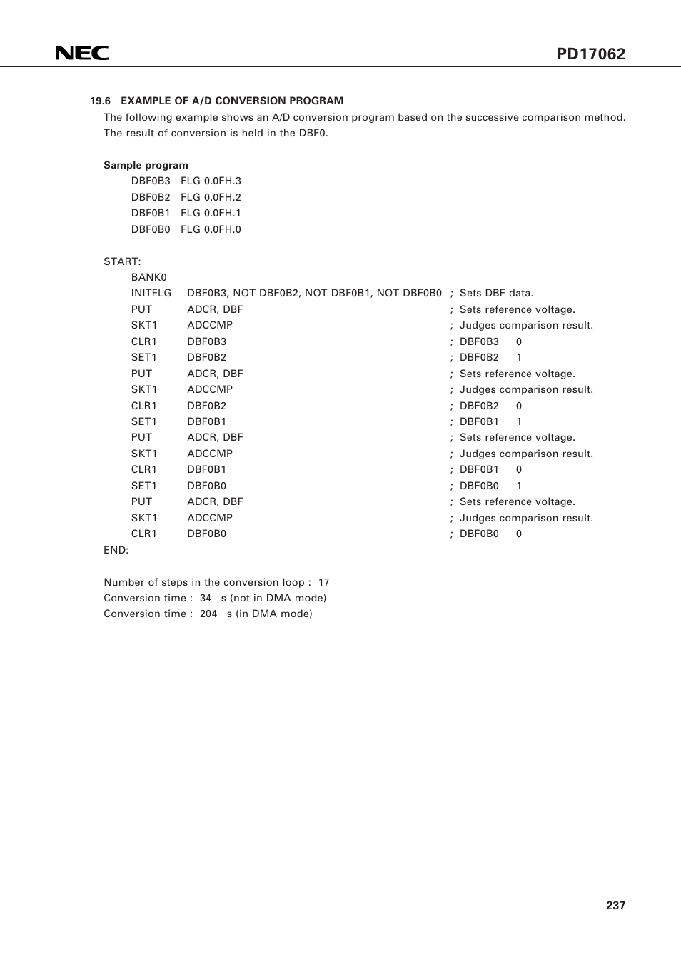 6 example of a/d conversion program | NEC PD17062 User Manual | Page 237 / 296