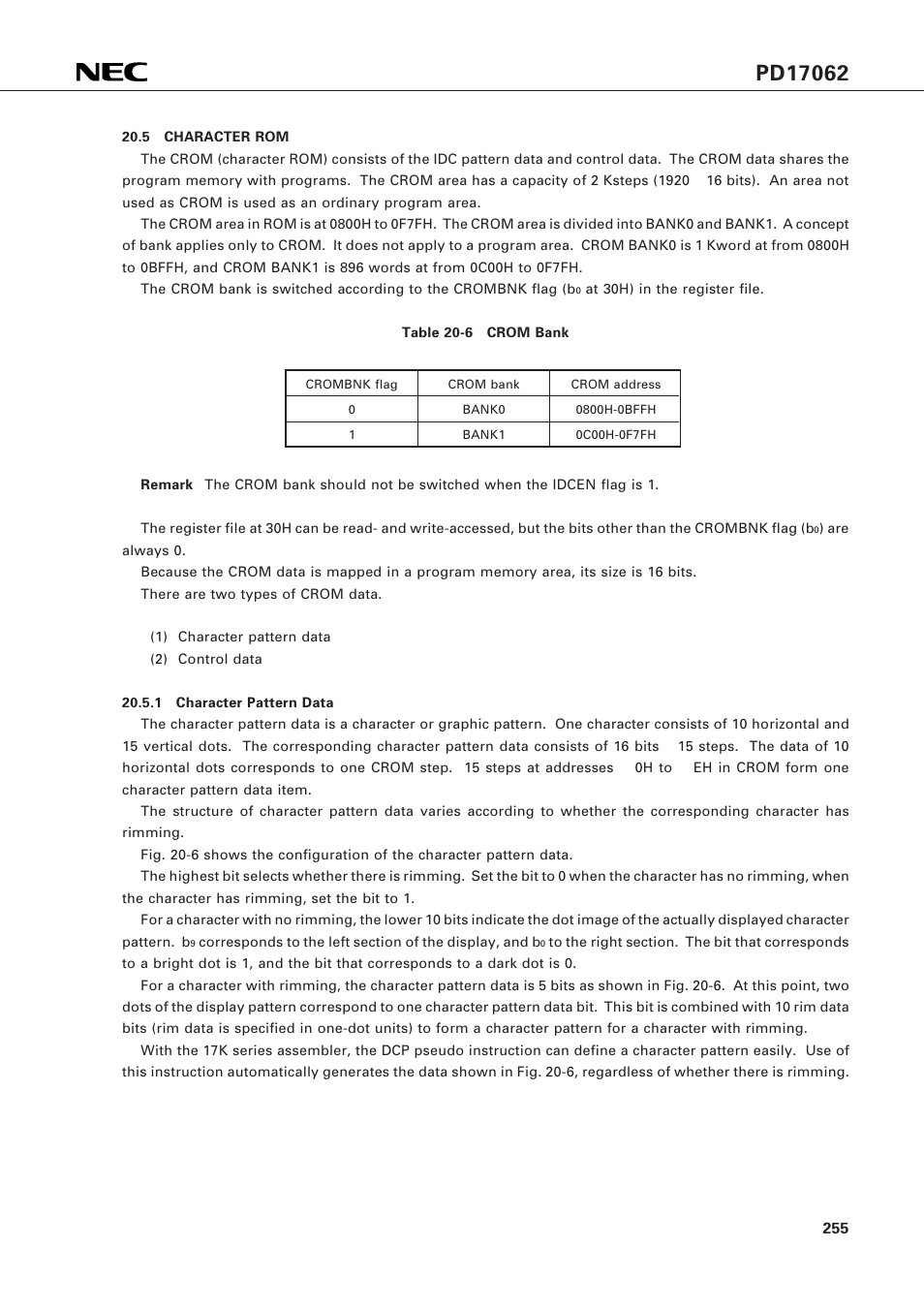5 character rom | NEC PD17062 User Manual | Page 255 / 296
