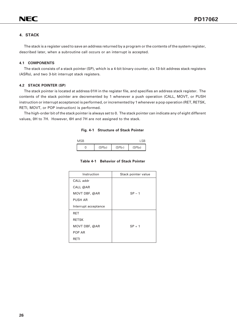 Stack, 1 components, 2 stack pointer (sp) | NEC PD17062 User Manual | Page 26 / 296