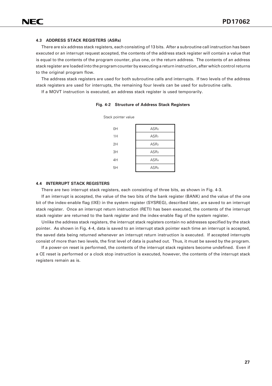 3 address stack registers (asrs), 4 interrupt stack registers | NEC PD17062 User Manual | Page 27 / 296