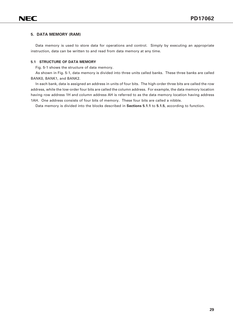 Data memory (ram), 1 structure of data memory | NEC PD17062 User Manual | Page 29 / 296