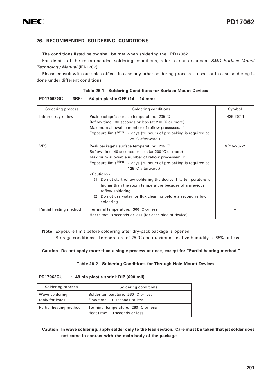 Recommended soldering conditions | NEC PD17062 User Manual | Page 291 / 296