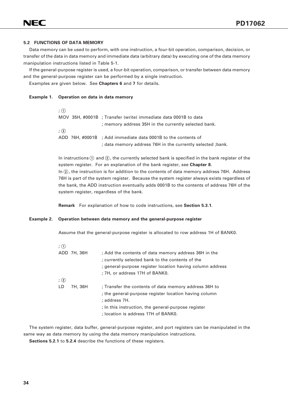 2 functions of data memory | NEC PD17062 User Manual | Page 34 / 296