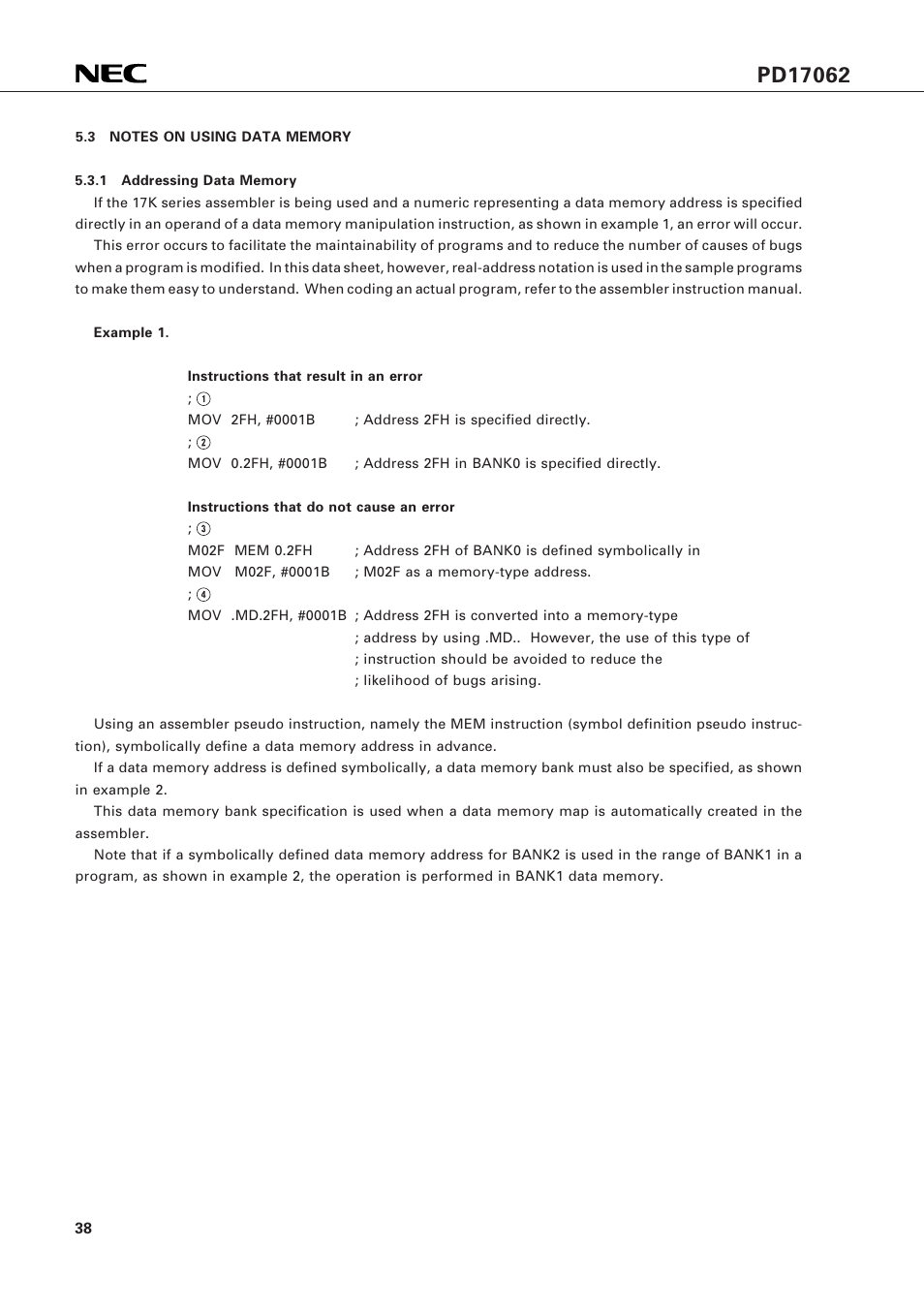 3 notes on using data memory | NEC PD17062 User Manual | Page 38 / 296