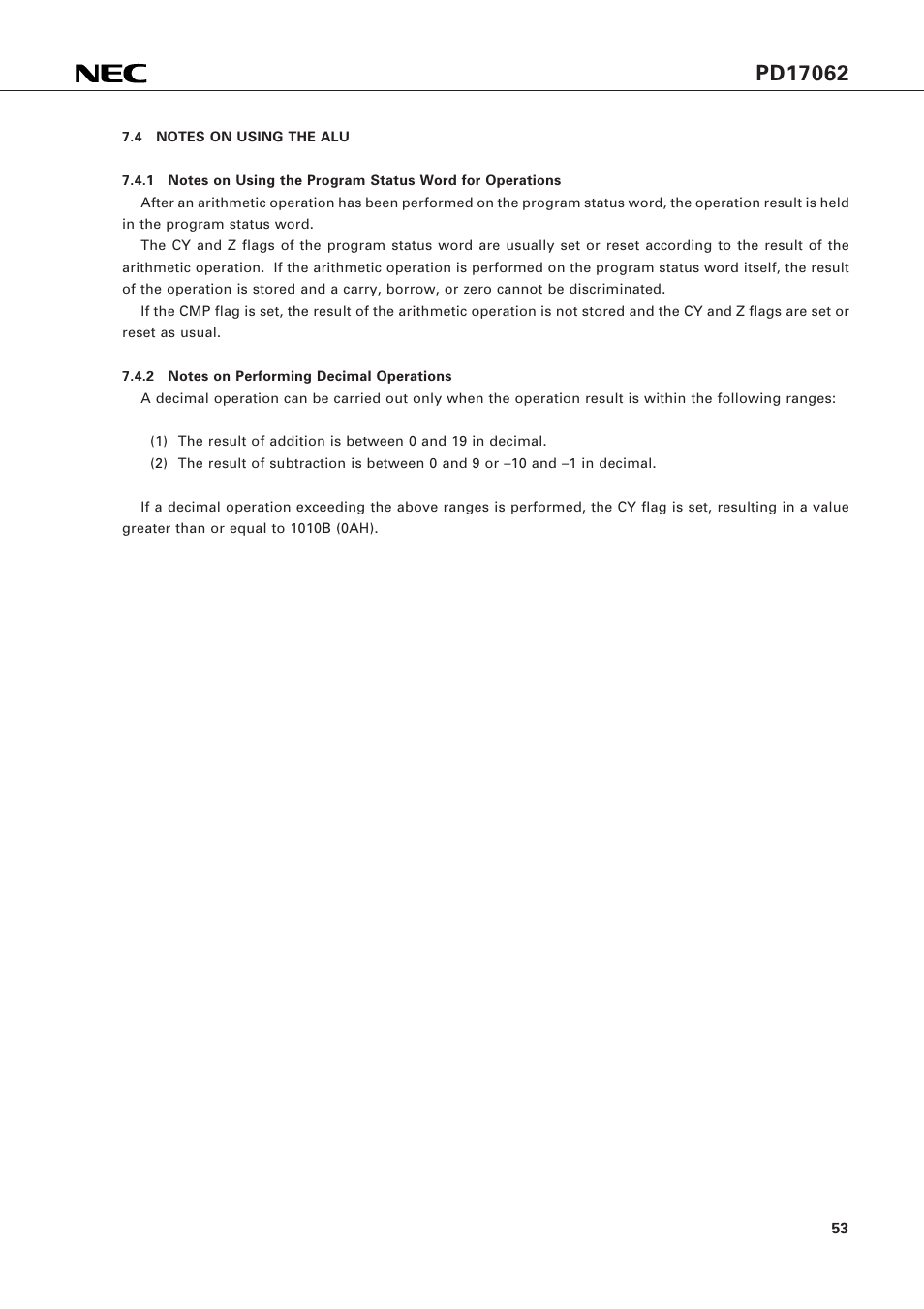 4 notes on using the alu | NEC PD17062 User Manual | Page 53 / 296