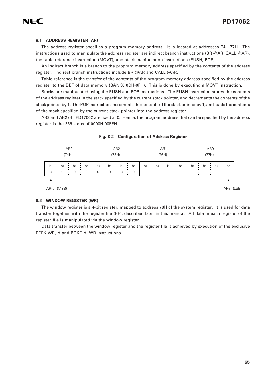 1 address register (ar), 2 window register (wr) | NEC PD17062 User Manual | Page 55 / 296