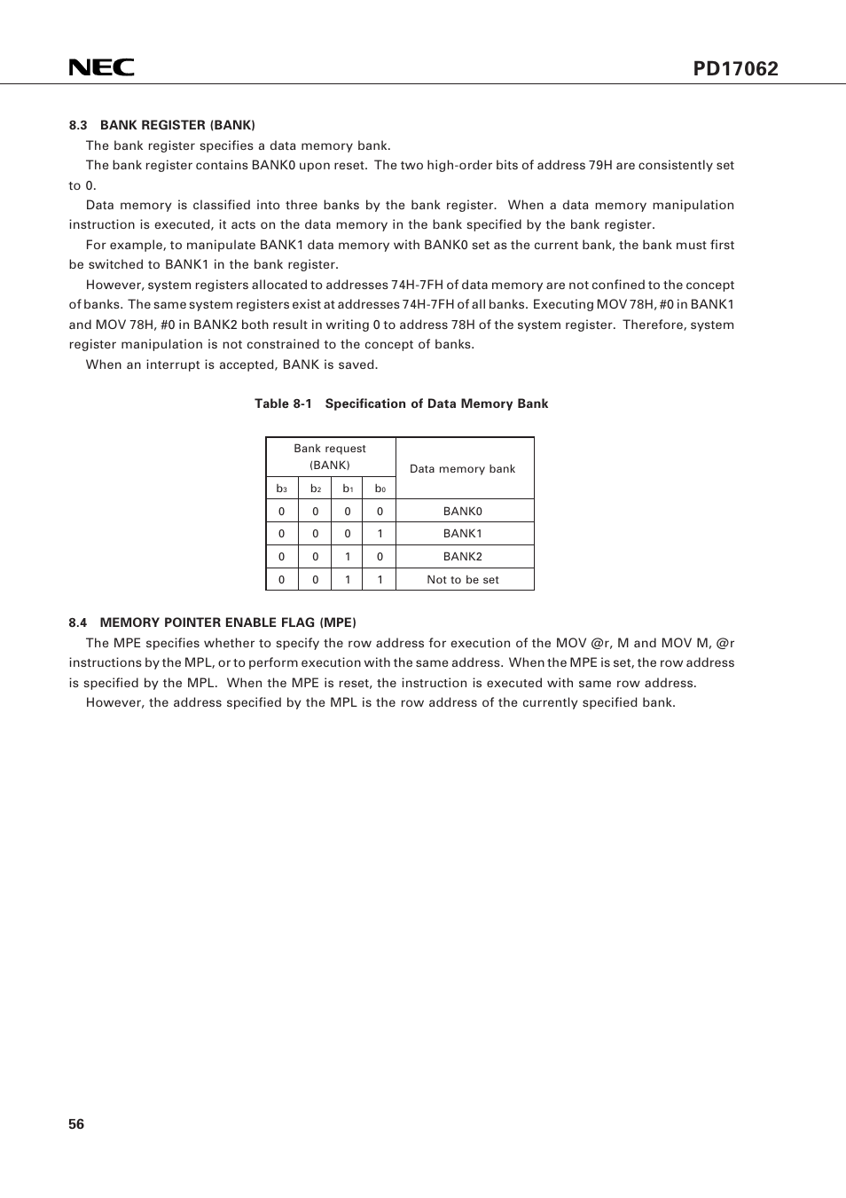 3 bank register (bank), 4 memory pointer enable flag (mpe) | NEC PD17062 User Manual | Page 56 / 296