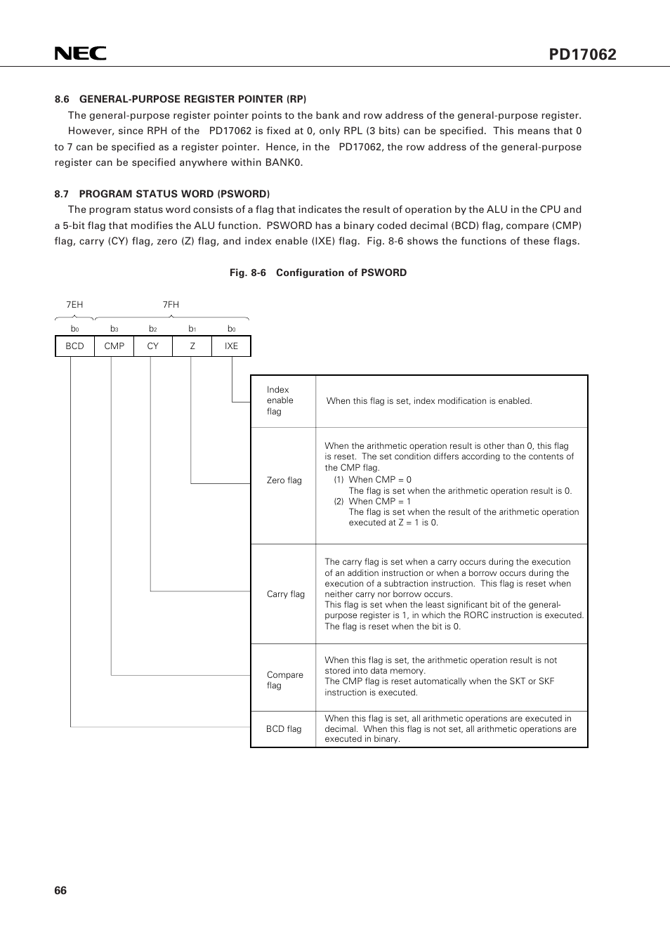 6 general-purpose register pointer (rp), 7 program status word (psword) | NEC PD17062 User Manual | Page 66 / 296