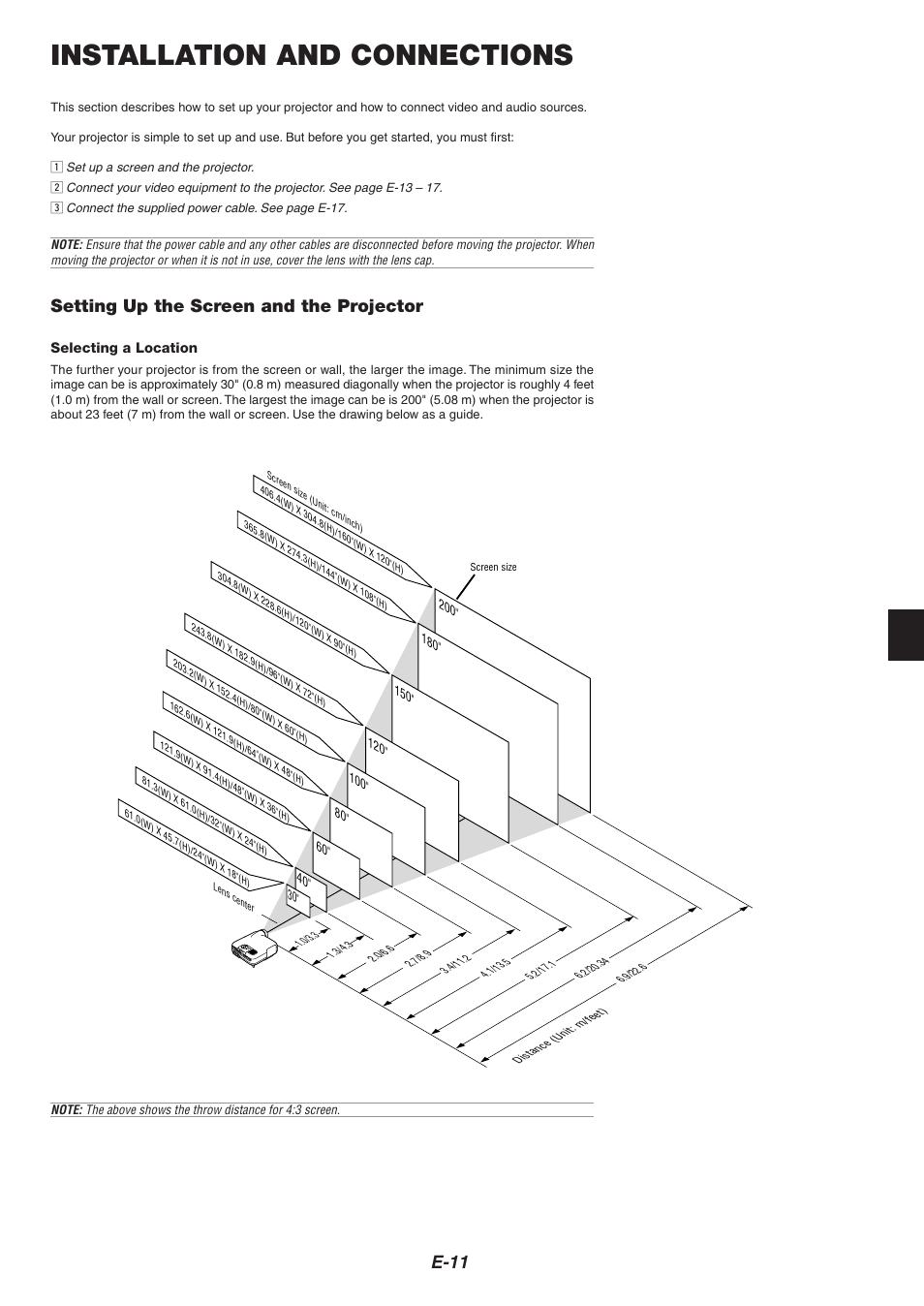 Installation and connections, E-11, Setting up the screen and the projector | NEC HT1000 User Manual | Page 15 / 66