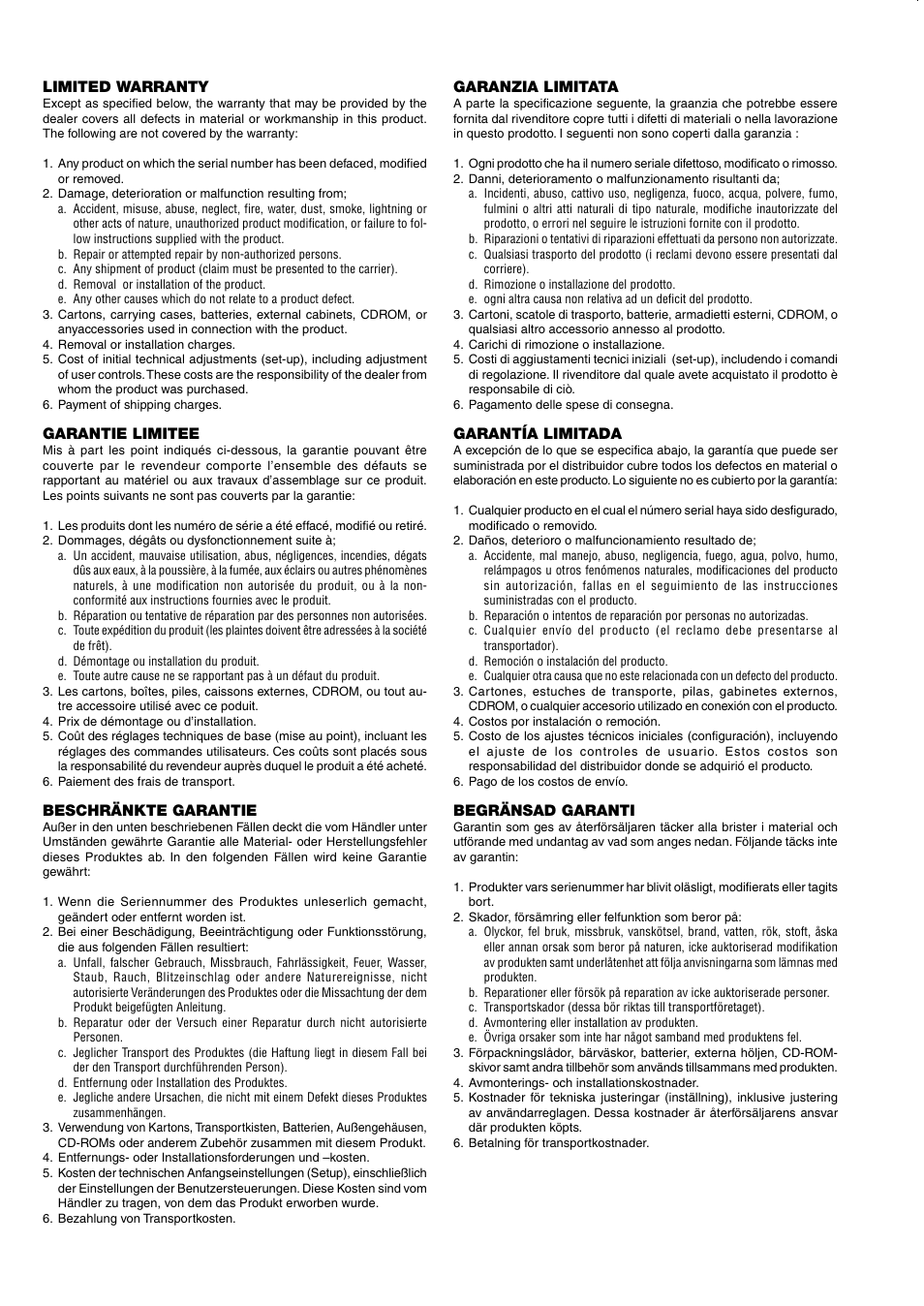Limited warranty, Garantie limitee, Beschränkte garantie | Garanzia limitata, Garantía limitada, Begränsad garanti | NEC HT1000 User Manual | Page 2 / 66