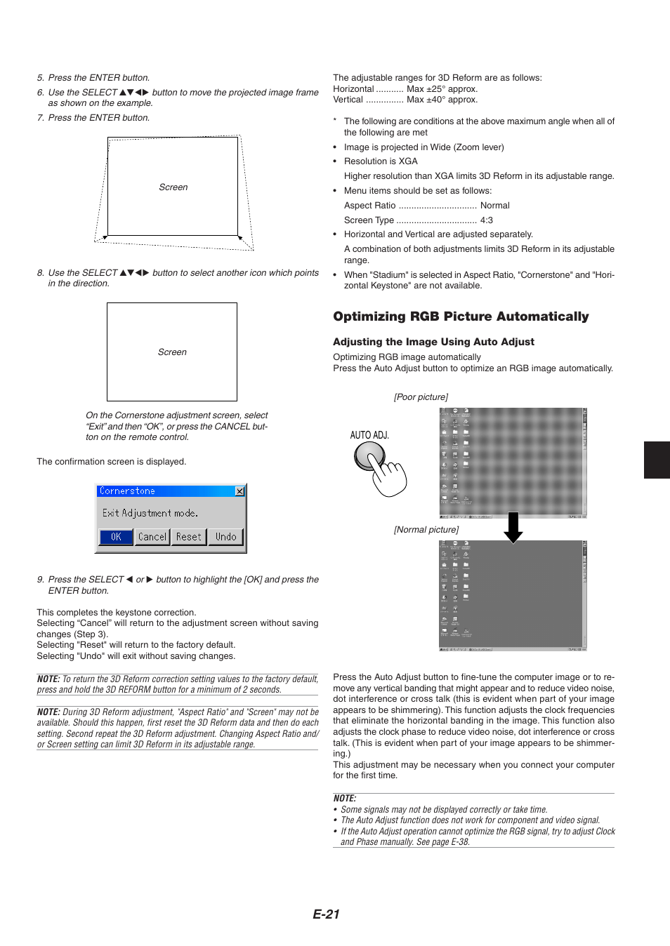 E-21, Optimizing rgb picture automatically | NEC HT1000 User Manual | Page 25 / 66