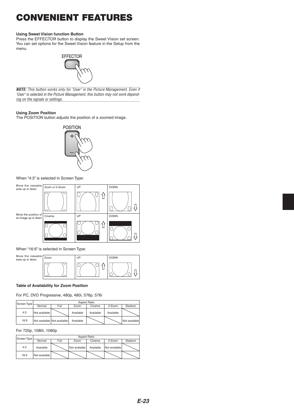 Convenient features, E-23, Effector position | NEC HT1000 User Manual | Page 27 / 66