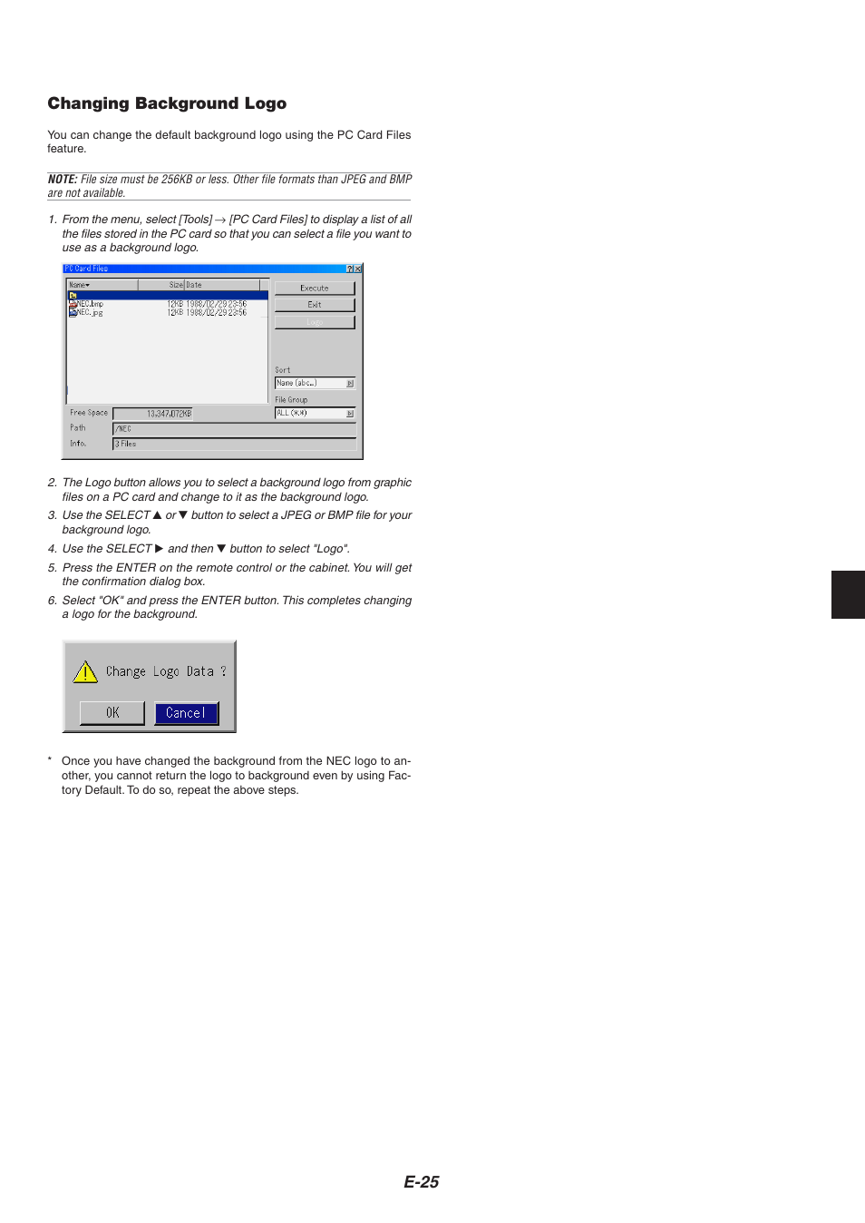 E-25 changing background logo | NEC HT1000 User Manual | Page 29 / 66