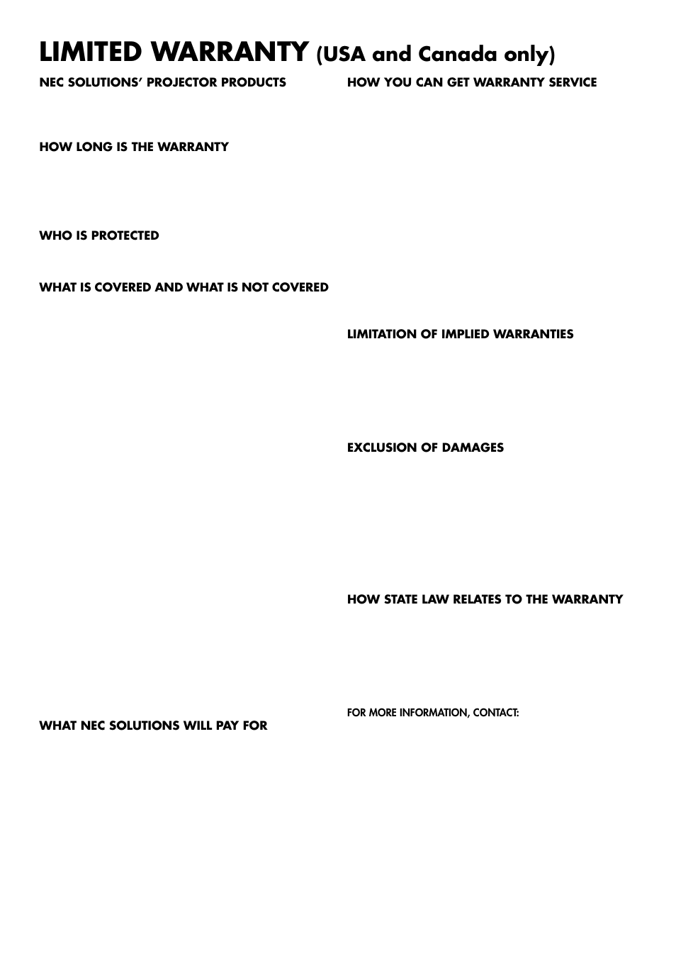Limited warranty, Usa and canada only) | NEC HT1000 User Manual | Page 3 / 66