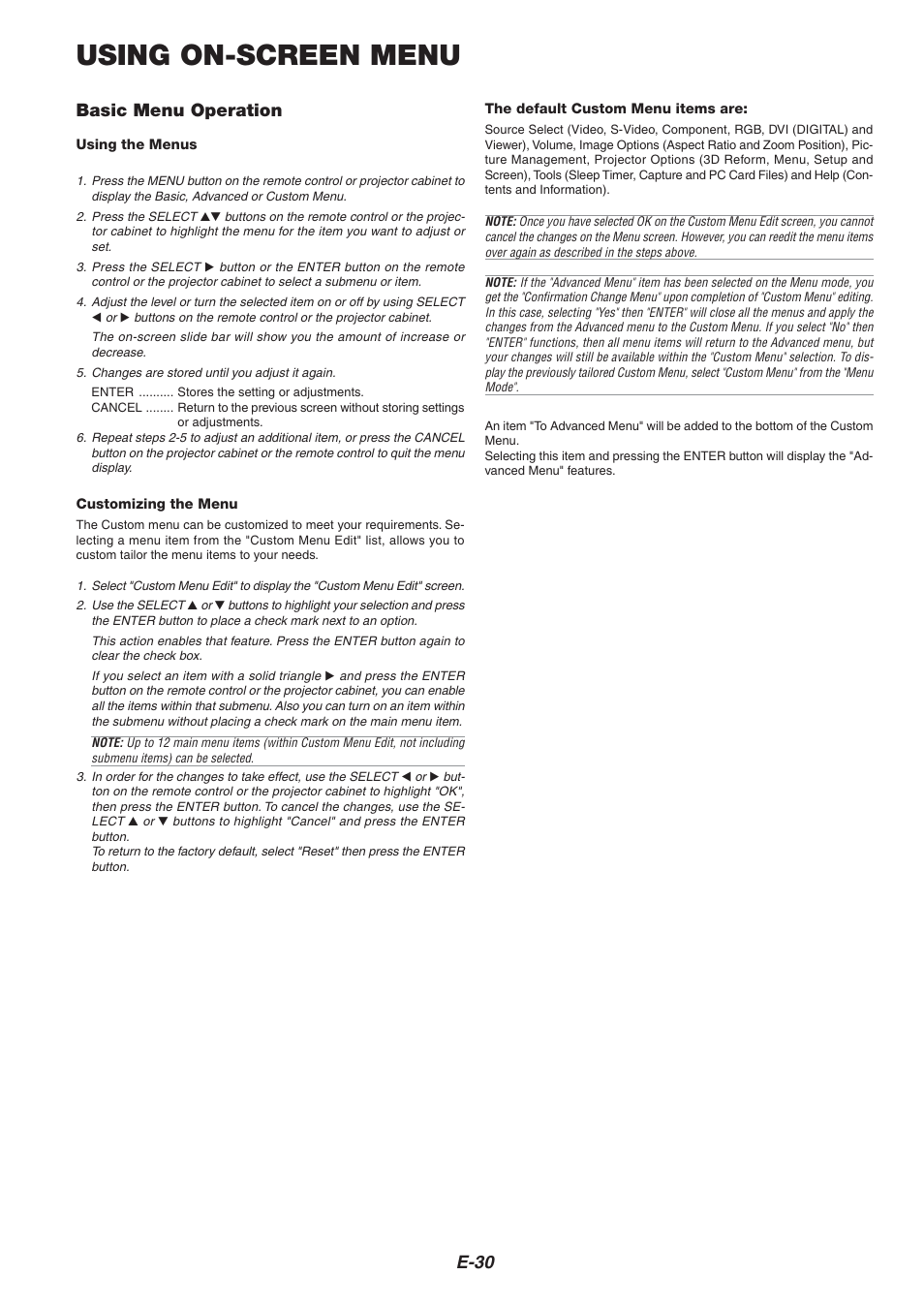 Using on-screen menu, E-30, Basic menu operation | NEC HT1000 User Manual | Page 34 / 66