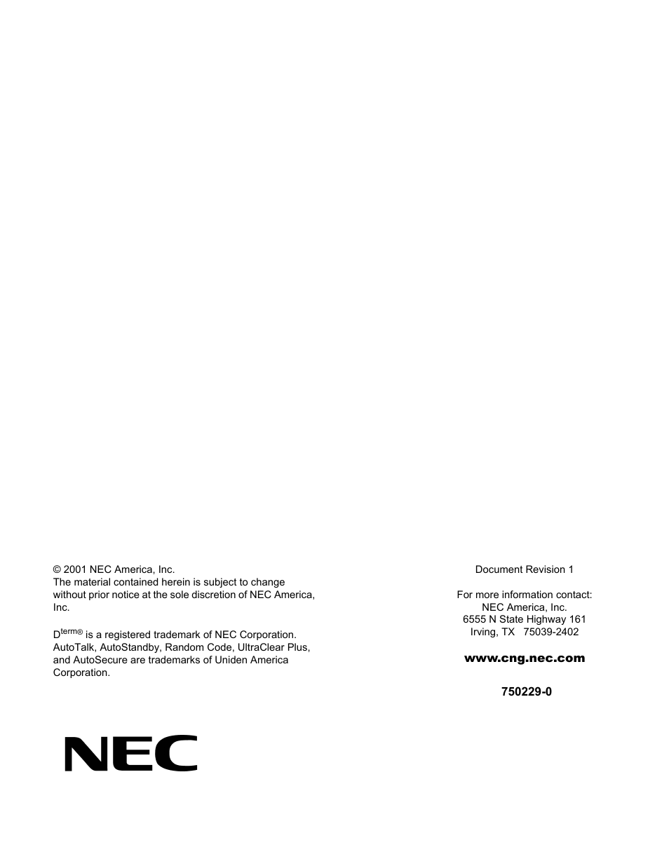 NEC Dterm Analog Cordless Telephone User Manual | Page 10 / 10