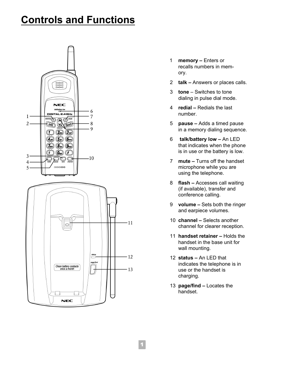 Controls and functions | NEC Dterm Analog Cordless Telephone User Manual | Page 2 / 10