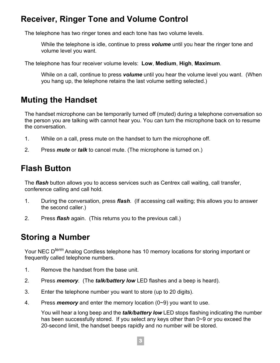 Receiver, ringer tone and volume control, Muting the handset, Flash button | Storing a number | NEC Dterm Analog Cordless Telephone User Manual | Page 4 / 10
