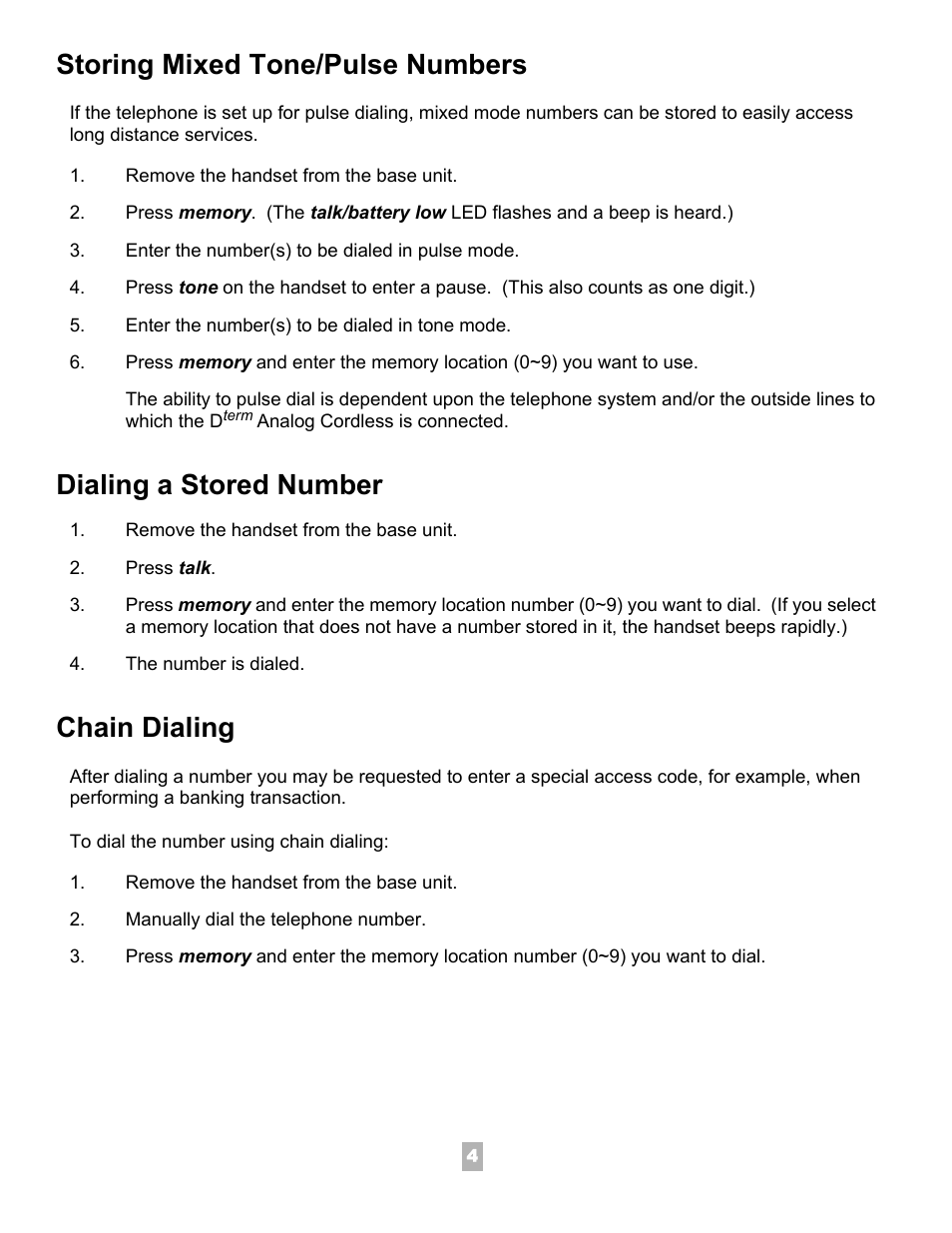 Storing mixed tone/pulse numbers, Dialing a stored number, Chain dialing | NEC Dterm Analog Cordless Telephone User Manual | Page 5 / 10