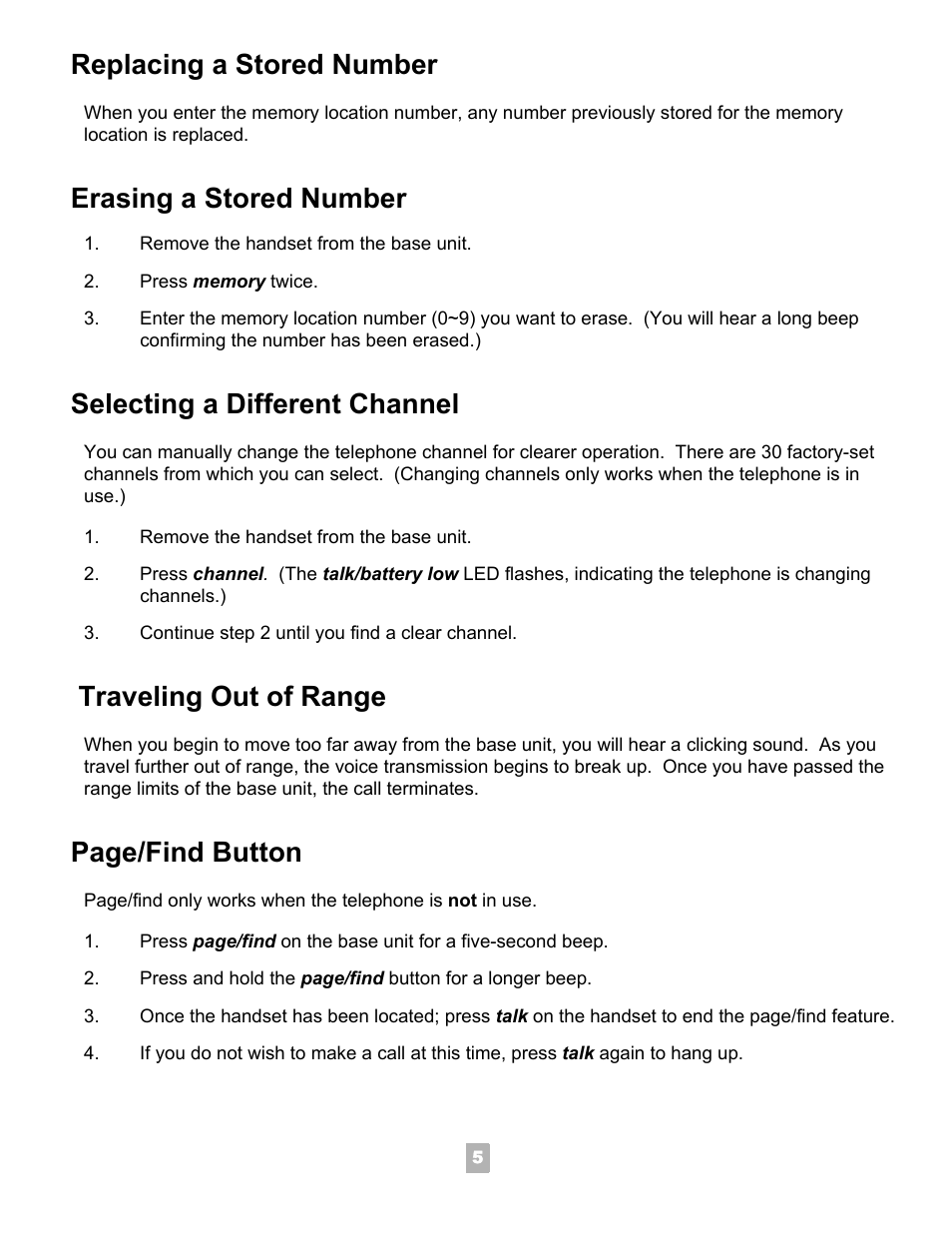 Replacing a stored number, Erasing a stored number, Selecting a different channel | Traveling out of range, Page/find button | NEC Dterm Analog Cordless Telephone User Manual | Page 6 / 10