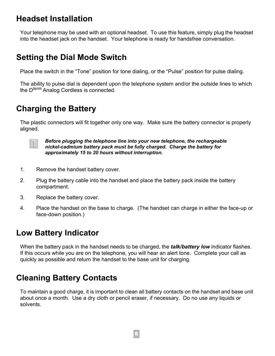 Headset installation, Setting the dial mode switch, Charging the battery | Low battery indicator, Cleaning battery contacts | NEC Dterm Analog Cordless Telephone User Manual | Page 7 / 10