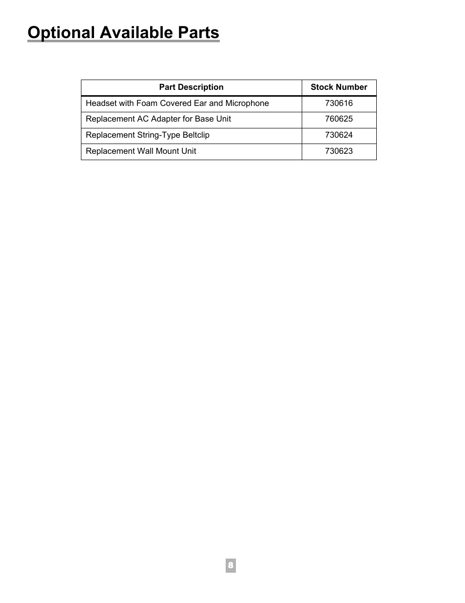 Optional available parts | NEC Dterm Analog Cordless Telephone User Manual | Page 9 / 10