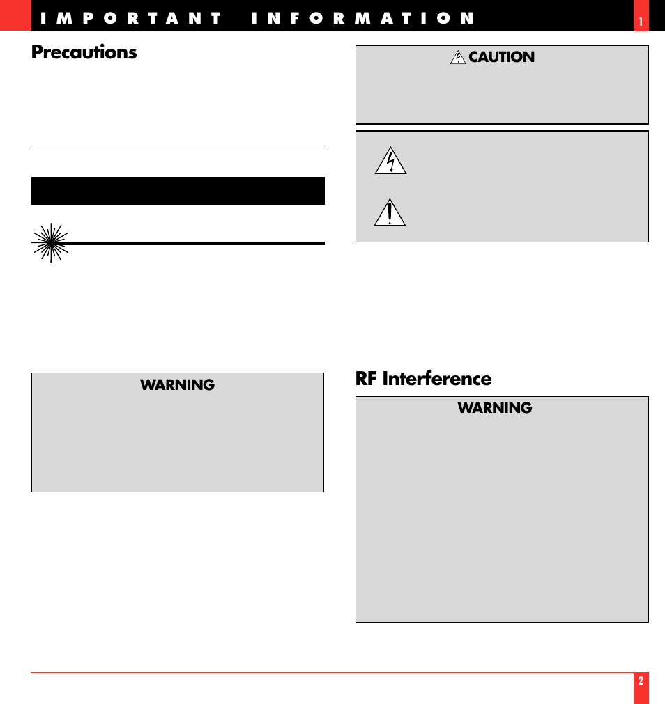 Caution, Rf interference, Precautions | NEC MultiSync LT 80 User Manual | Page 2 / 45
