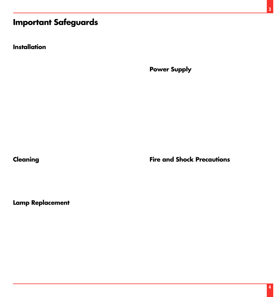 Important safeguards, Cleaning, Lamp replacement | Fire and shock precautions, Installation, Power supply | NEC MultiSync LT 80 User Manual | Page 3 / 45