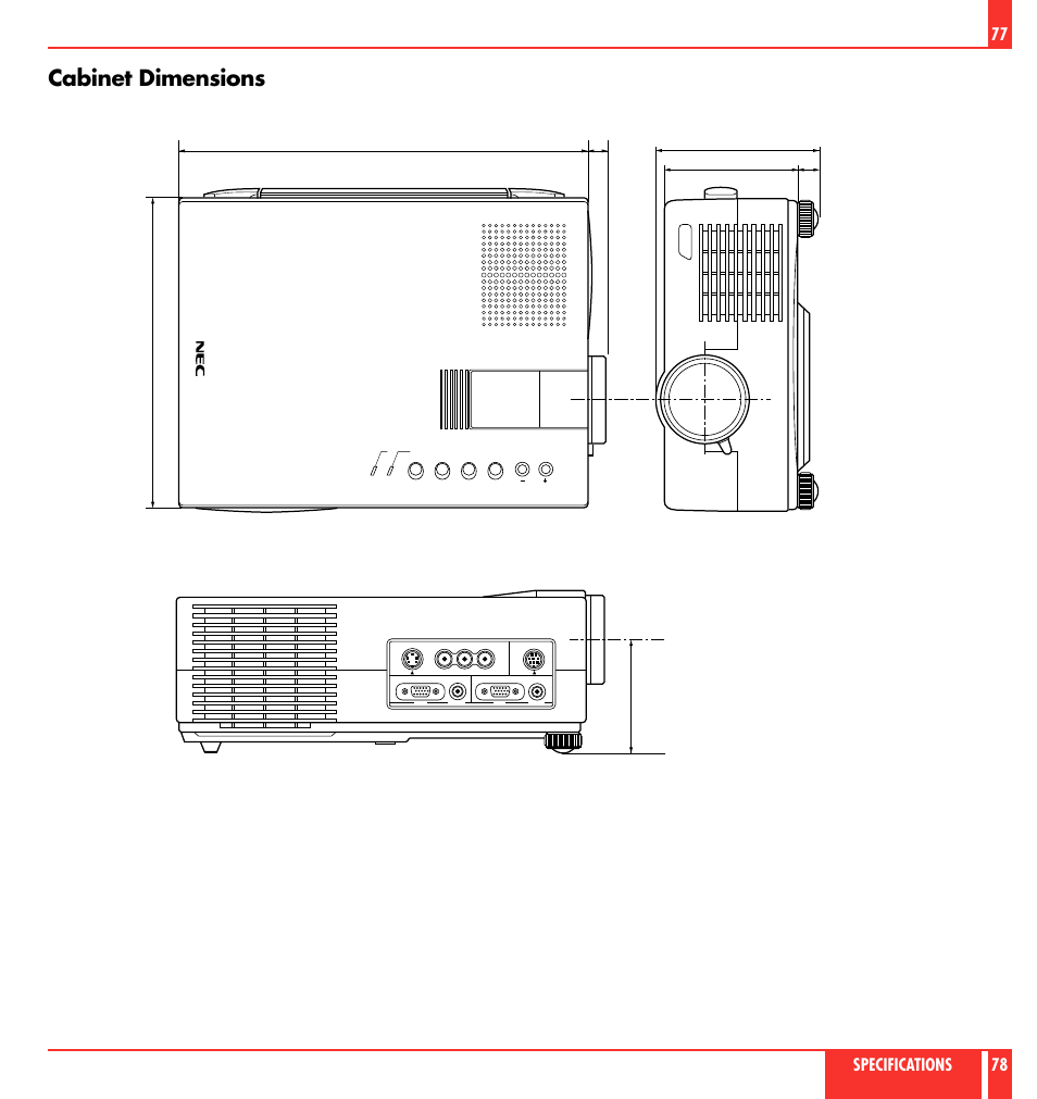 Cabinet dimensions, Specifications 78, Lens center | Unit : inch (mm) | NEC MultiSync LT 80 User Manual | Page 40 / 45