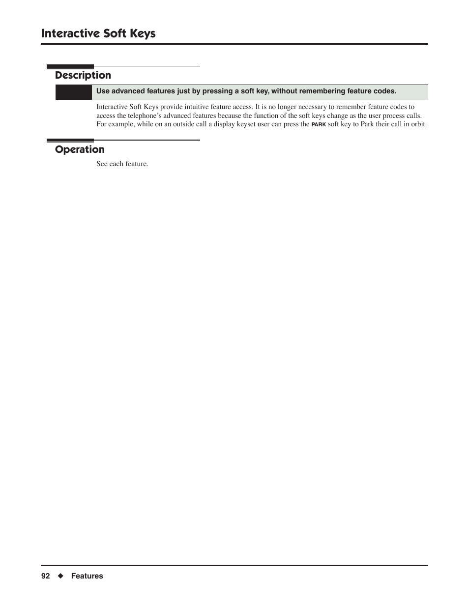 Interactive soft keys, Description, Operation | NEC DSX 1093099 User Manual | Page 100 / 190