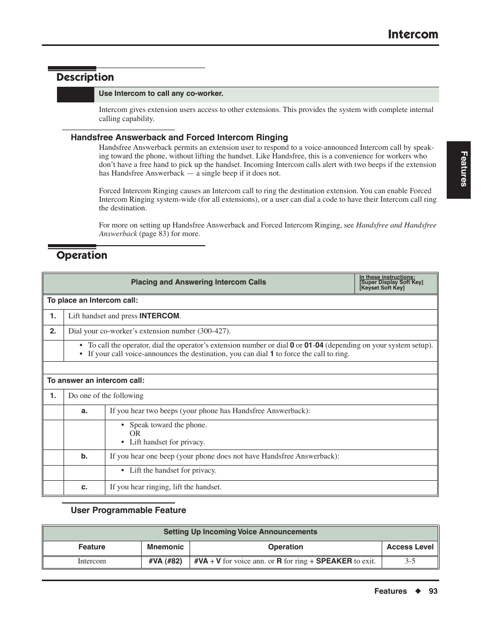 Intercom, Handsfree answerback and forced intercom ringing, User programmable feature | Description, Operation | NEC DSX 1093099 User Manual | Page 101 / 190