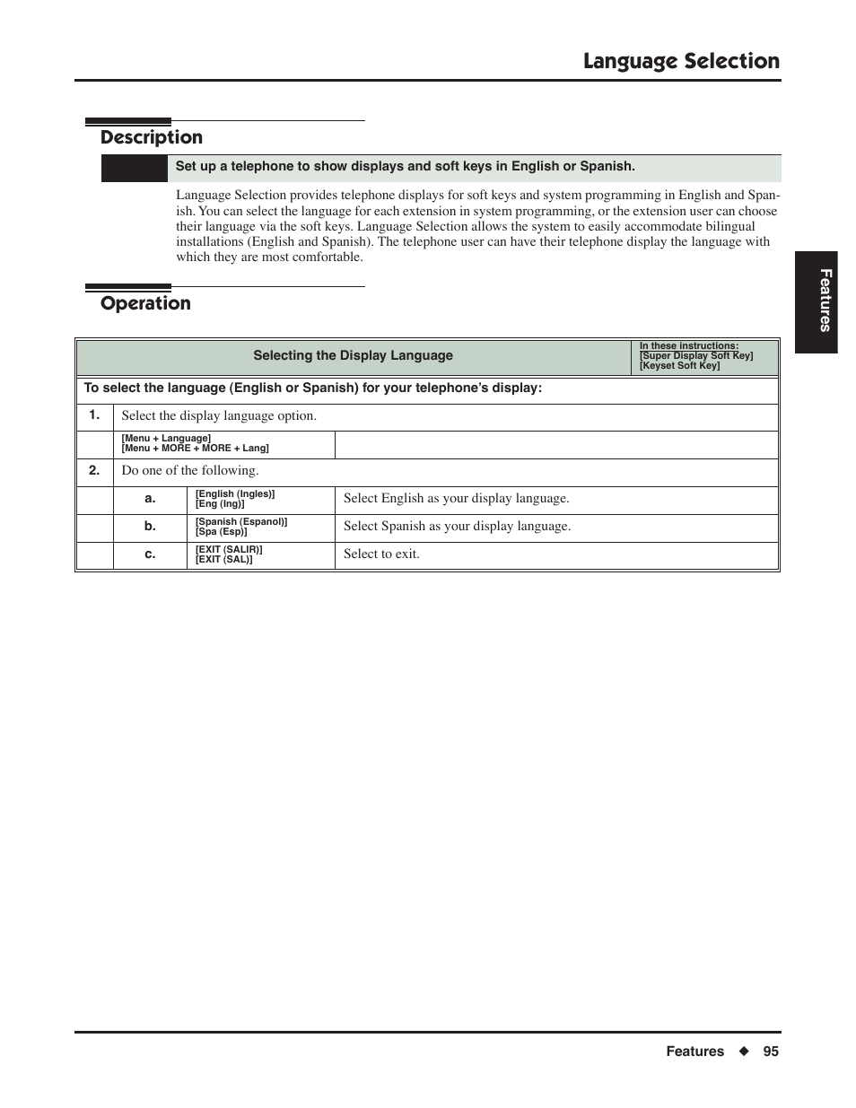 Language selection, Description, Operation | NEC DSX 1093099 User Manual | Page 103 / 190