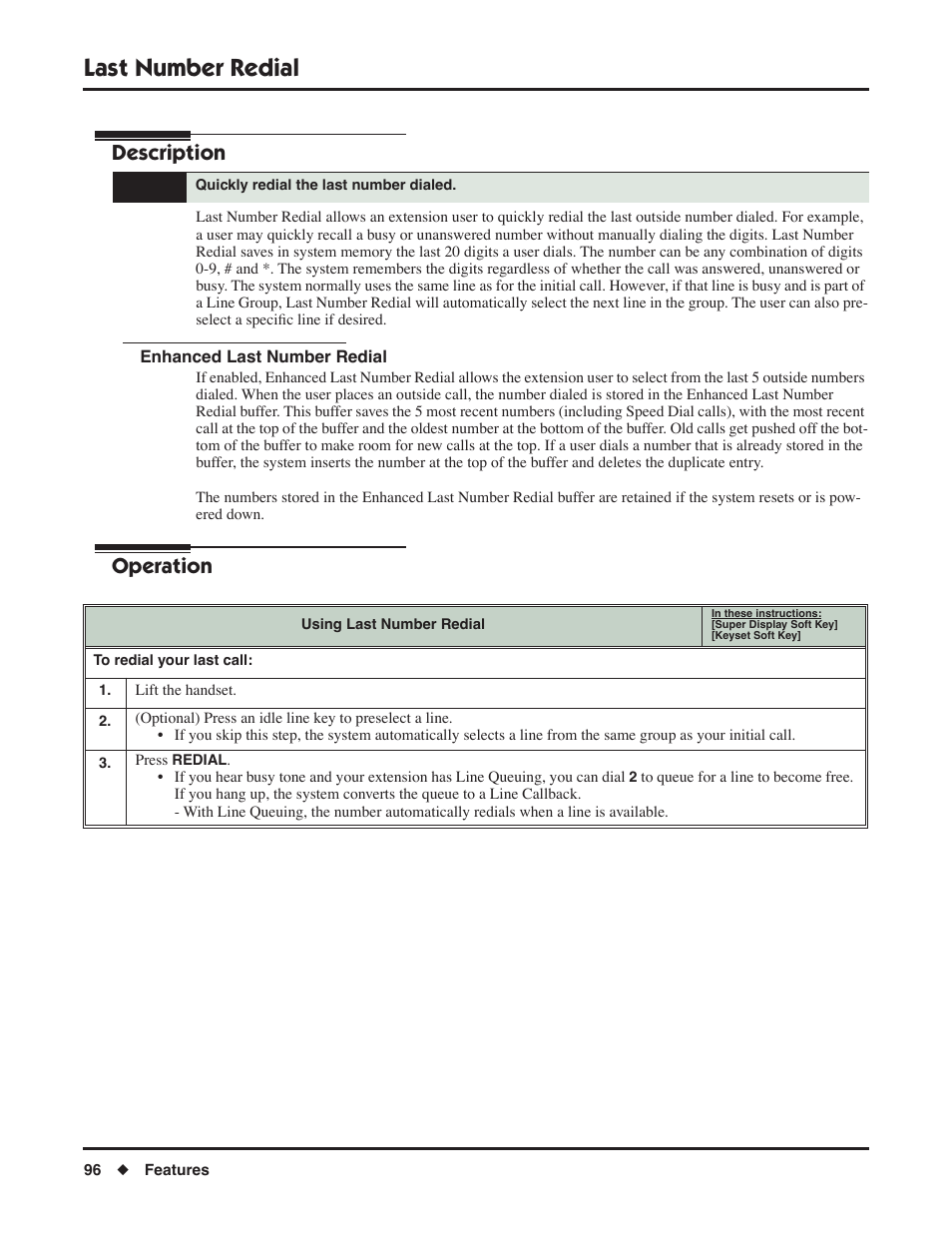 Last number redial, Enhanced last number redial, Description | Operation | NEC DSX 1093099 User Manual | Page 104 / 190