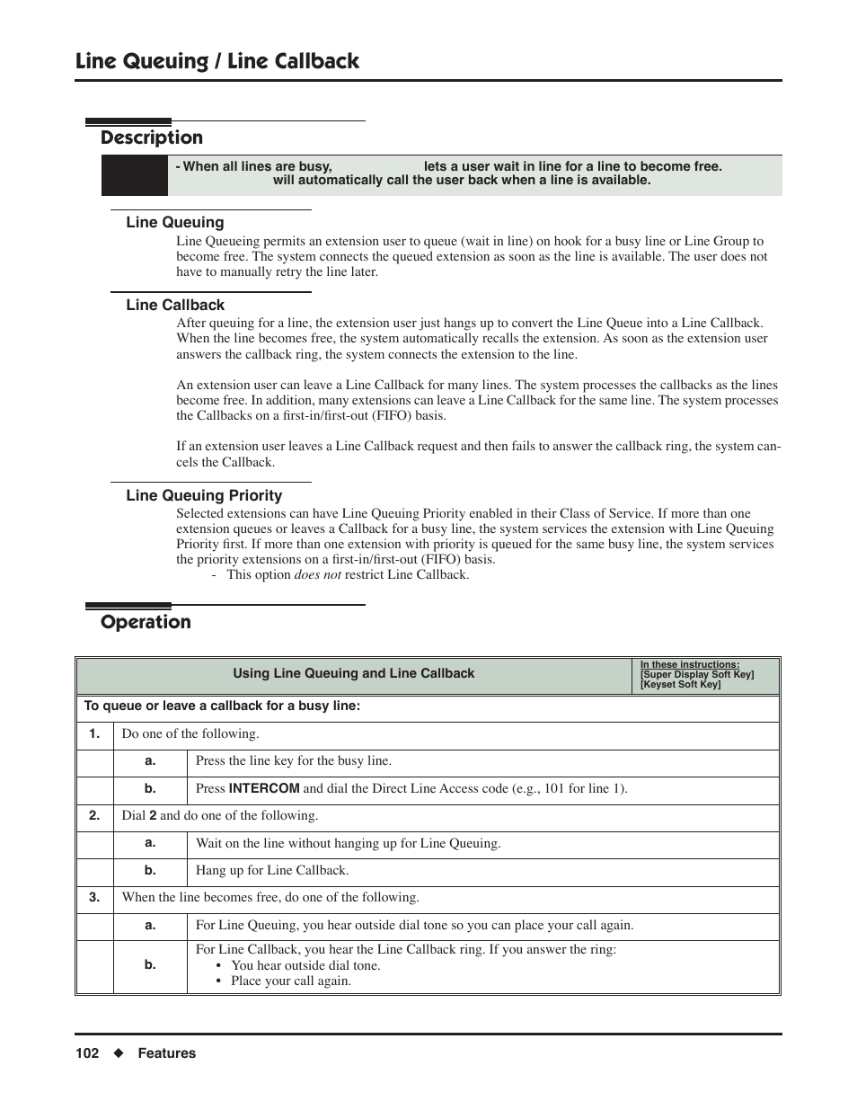 Line queuing / line callback, Line queuing, Line callback | Line queuing priority, Line queuing line callback line queuing priority, Description, Operation | NEC DSX 1093099 User Manual | Page 110 / 190