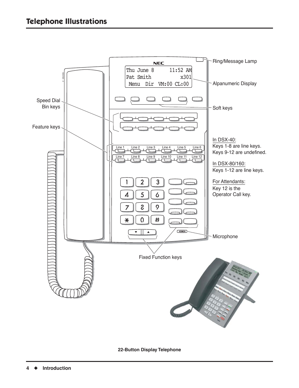 Telephone illustrations, 4◆ introduction dsx feature handbook | NEC DSX 1093099 User Manual | Page 12 / 190